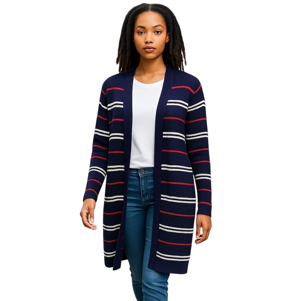 Cool Wear Striped Open Cardigan Women M Navy Hooded Duster